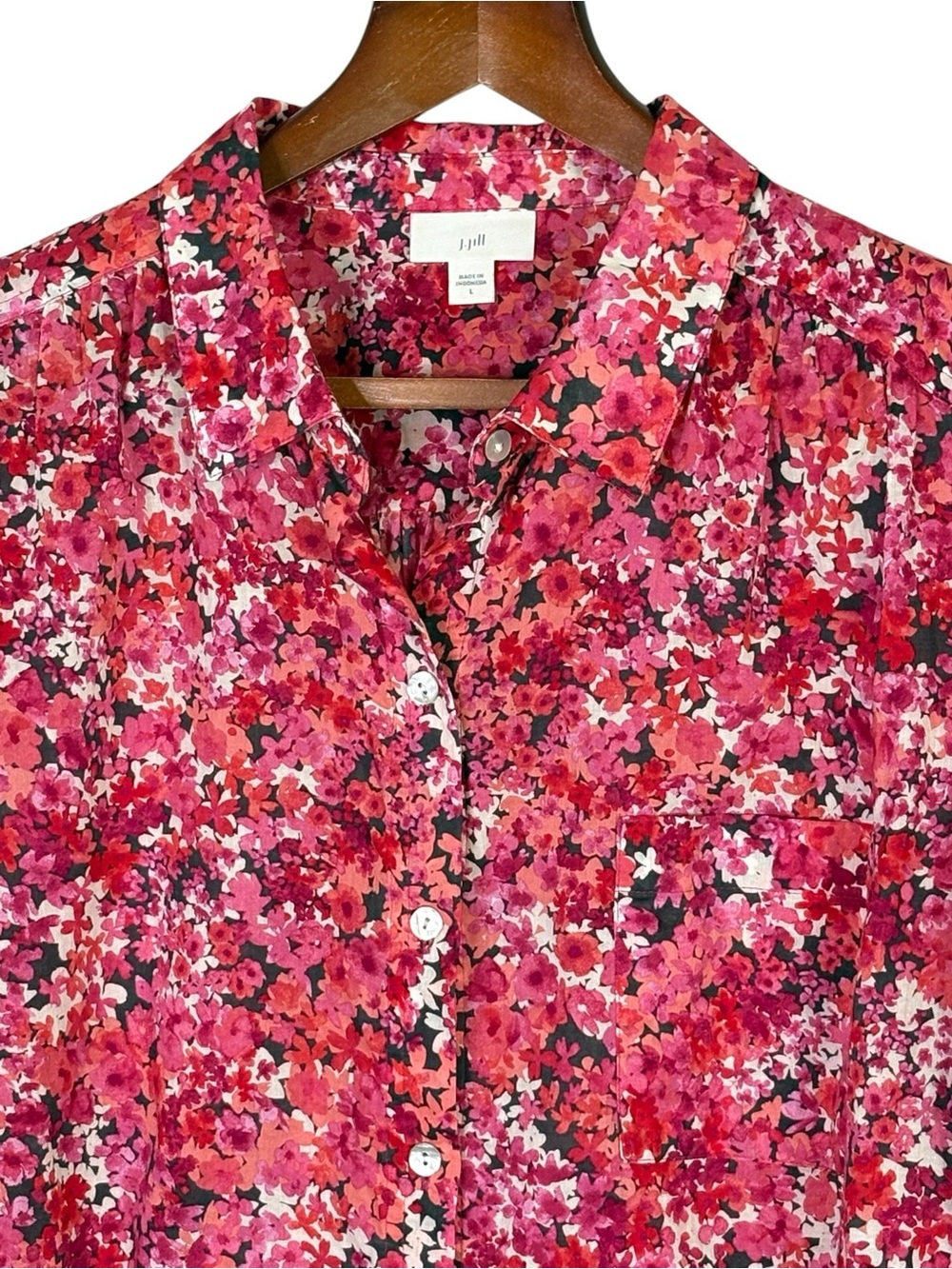 J Jill Floral Long Sleeve Button Up Cotton Voile Blouse Shirt Pink Red L - Picture 3 of 11